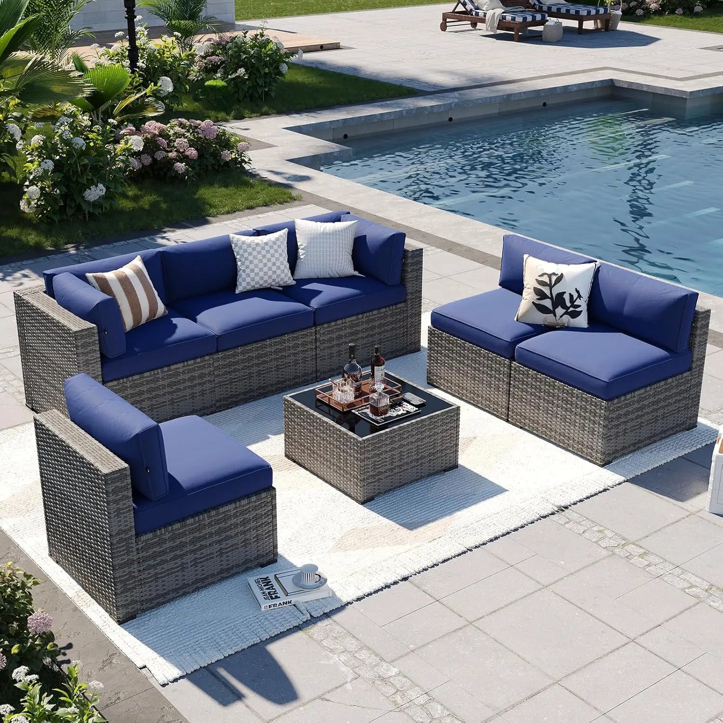 7-Piece Outdoor Patio Furniture Set Thick Cushion Wicker Sectional Sofa Backyard Poolside Garden, Custom