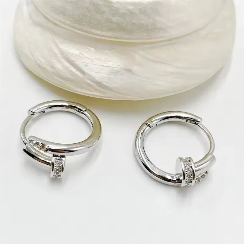 Charming Shiny Crystal Round Hoop Earring For Women Minimalist Nail Shaped Earrings Gold/Silver Trendy Jewelry