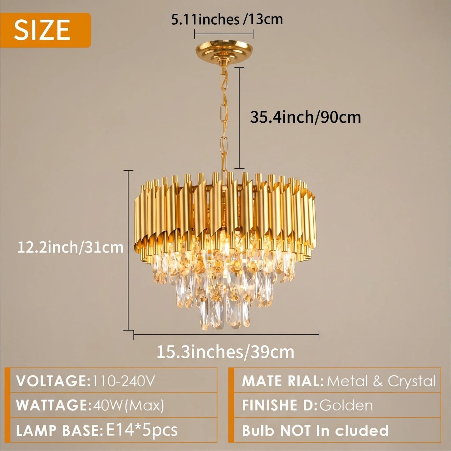 Modern Gold Crystal Chandelier, Luxury 3-Tier K9 Crystal Chandelier for Dining Room/Living Room/Kitchen Island/Bedroom