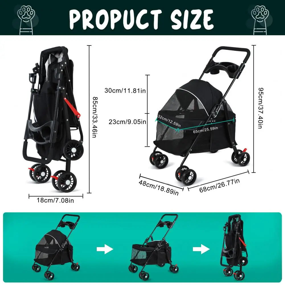 Pet Dog Cat Stroller, Outdoor Travel Pet Folding Stroller with Cup Holder, Breathable Visible Mesh Stroller for Medium Small Dog