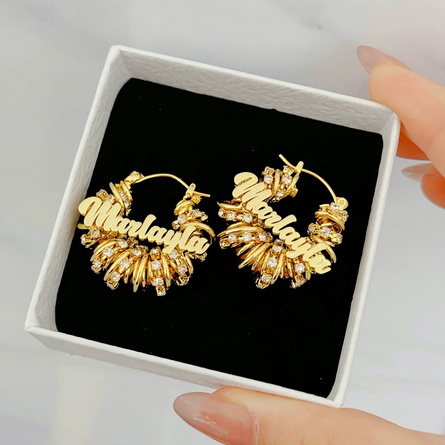 DUOYING Custom Name Wrap Earrings Tennis Chain Nameplate Chunky Earrings 30mm Stainless Steel Hoops For Women Jewelry Gift