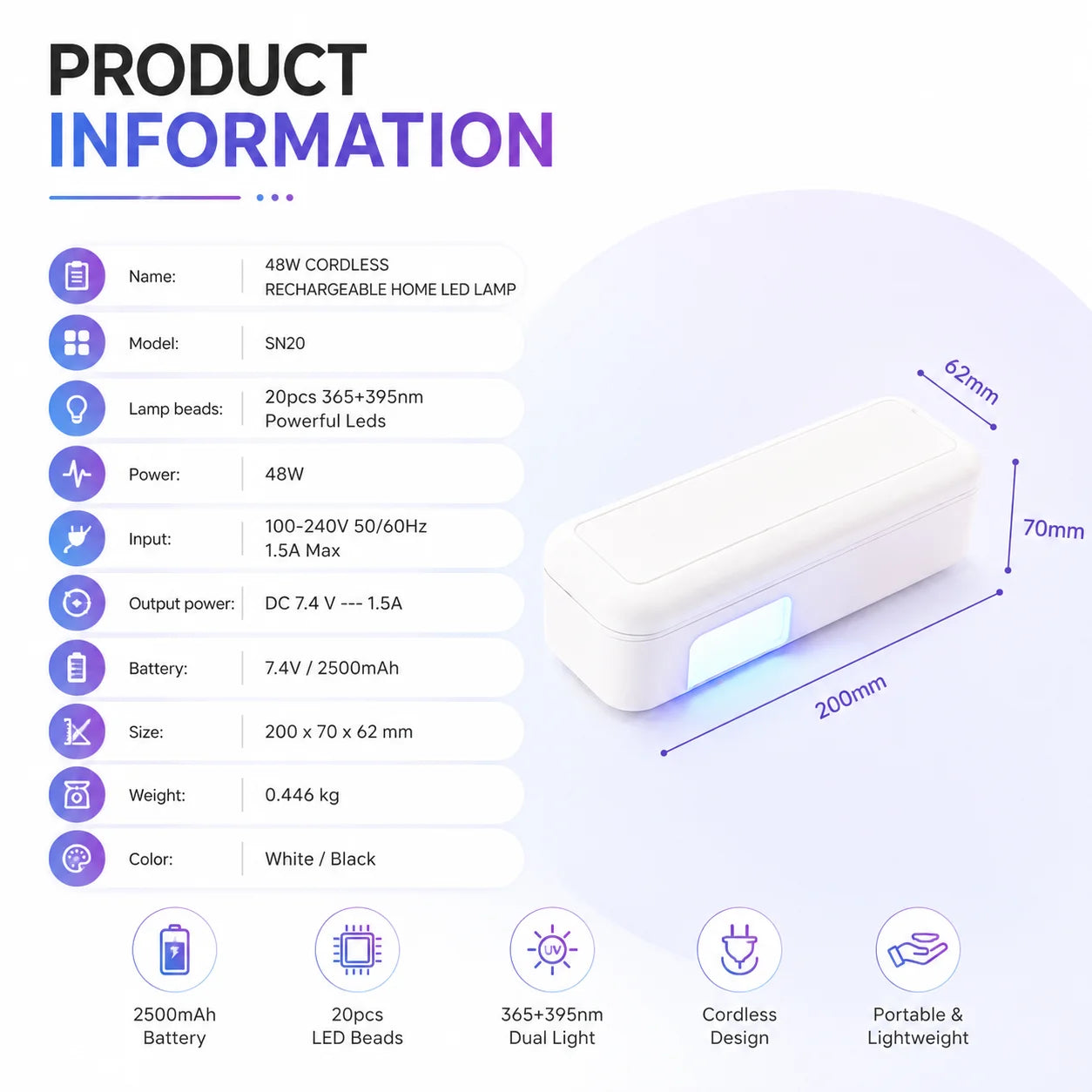 48W Cordless Rotatable UV Nail Lamp, Rechargeable Wireless Nail Dryer with UV Protection Design for Gel Polish Rhinestone Glue