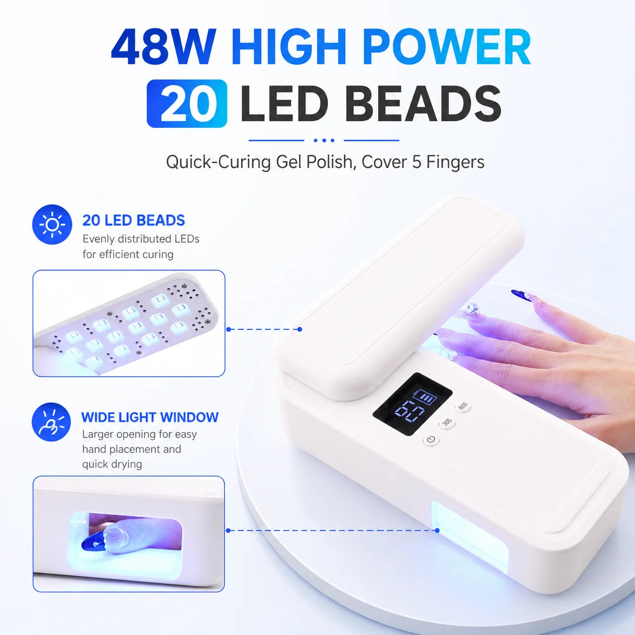 48W Cordless Rotatable UV Nail Lamp, Rechargeable Wireless Nail Dryer with UV Protection Design for Gel Polish Rhinestone Glue
