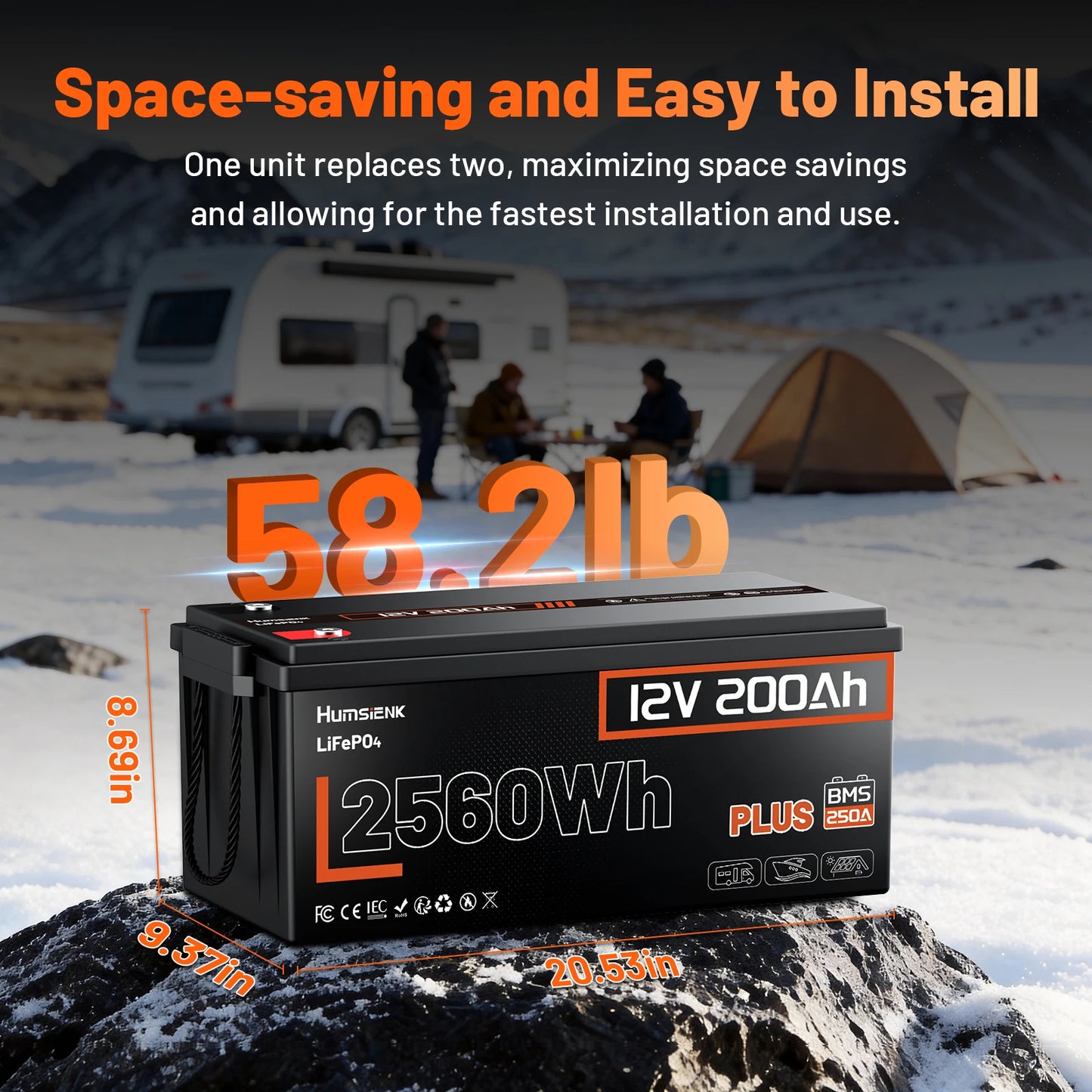 Humsienk 12V 200Ah LiFePO4 Battery, Built-in 250A BMS, 15000+ Deep Cycle, Low-Temp Protection, Rechargeable Lithium Battery for RV, Van, Golf Cart, Boat, Camper, Marine, Trolling Motor, Off-Grid, Solar Energy Storage, 5-Year