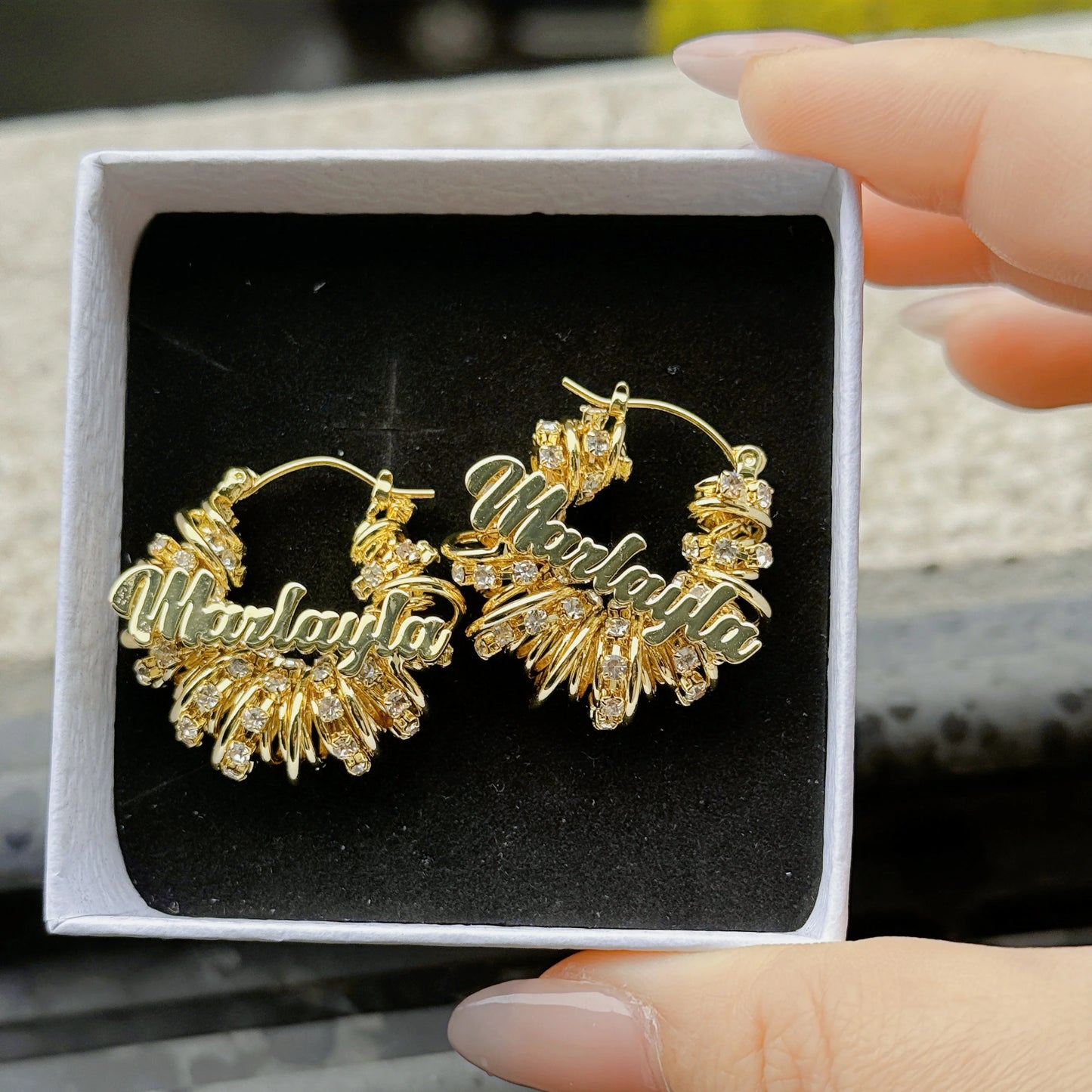 DUOYING Custom Name Wrap Earrings Tennis Chain Nameplate Chunky Earrings 30mm Stainless Steel Hoops For Women Jewelry Gift