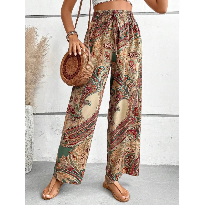 Women Bohemian Style Travel Pants Fashion Stretchy Loose Waist Straight Bloomers Casual Lounge Joggers Daily Casual Wear Pants