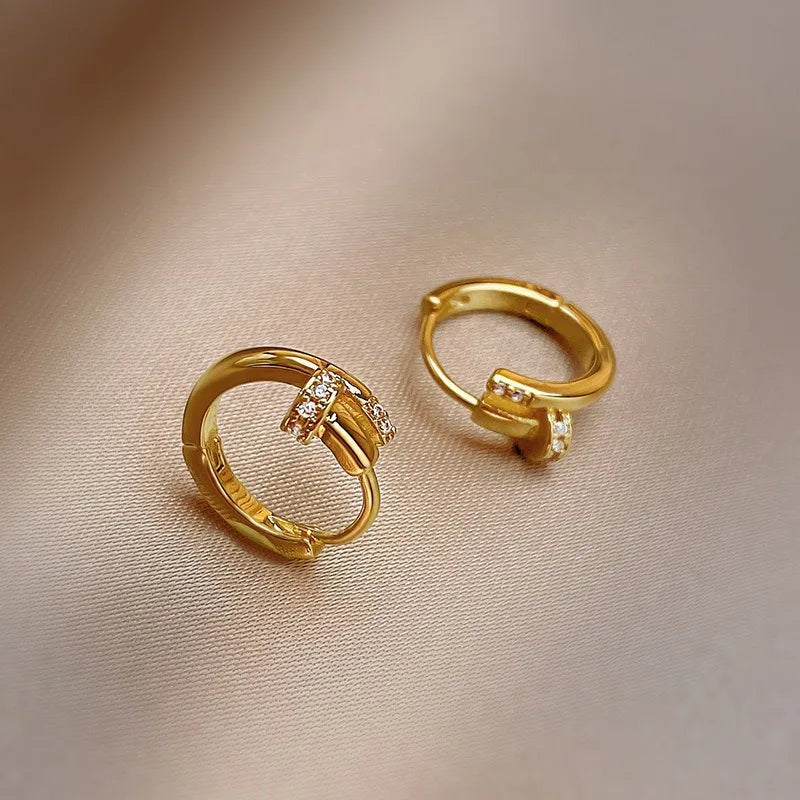 Charming Shiny Crystal Round Hoop Earring For Women Minimalist Nail Shaped Earrings Gold/Silver Trendy Jewelry