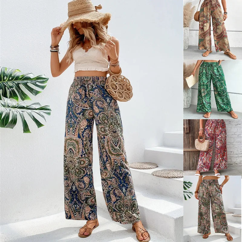 Women Bohemian Style Travel Pants Fashion Stretchy Loose Waist Straight Bloomers Casual Lounge Joggers Daily Casual Wear Pants