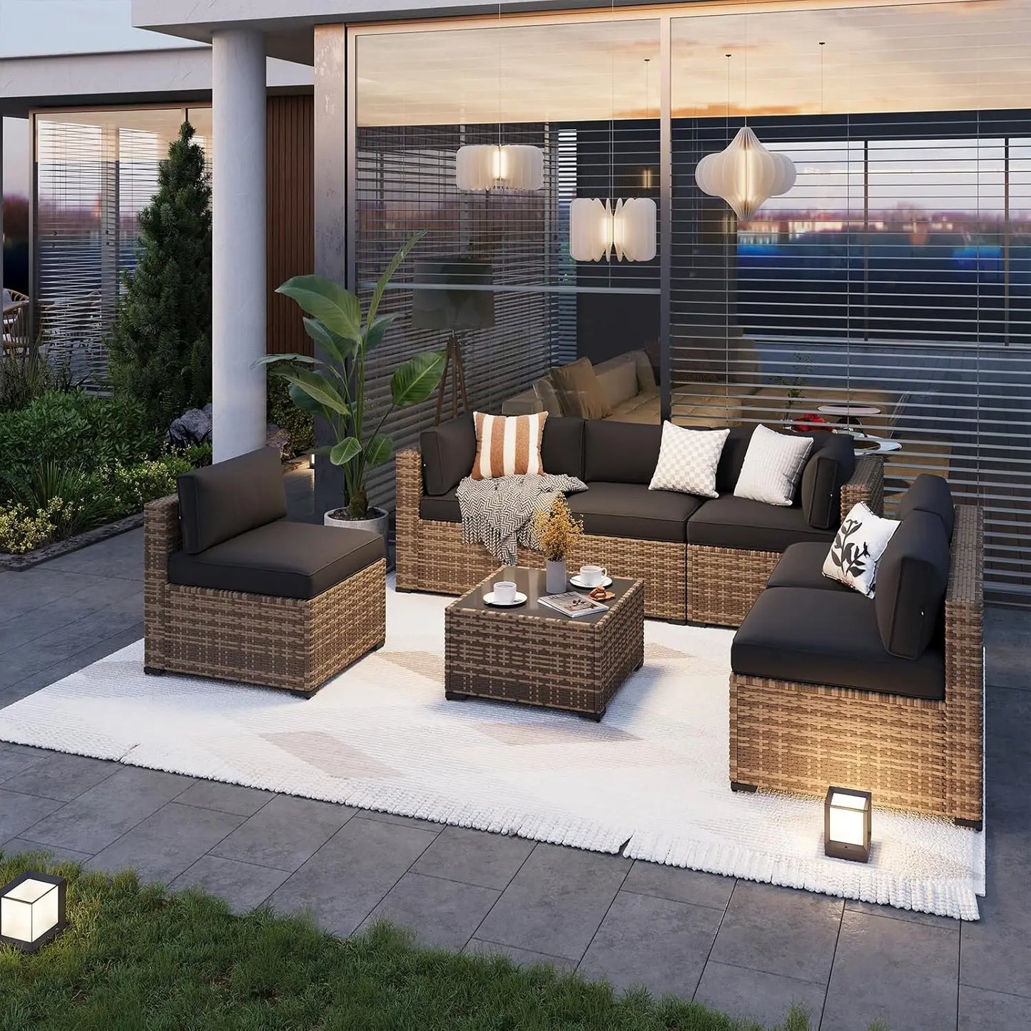 7-Piece Outdoor Patio Furniture Set Thick Cushion Wicker Sectional Sofa Backyard Poolside Garden, Custom