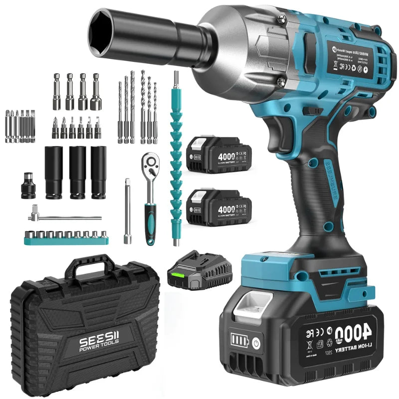 SEESII 1300N.m 3-in-1  Impact Wrench & Cordless Drill & Screwdriver 1/2 Inch Brushless Motor Electric Impact Gun Kit Repair Tools With 4000mah Battery LED Light For Car Truck Home DIY