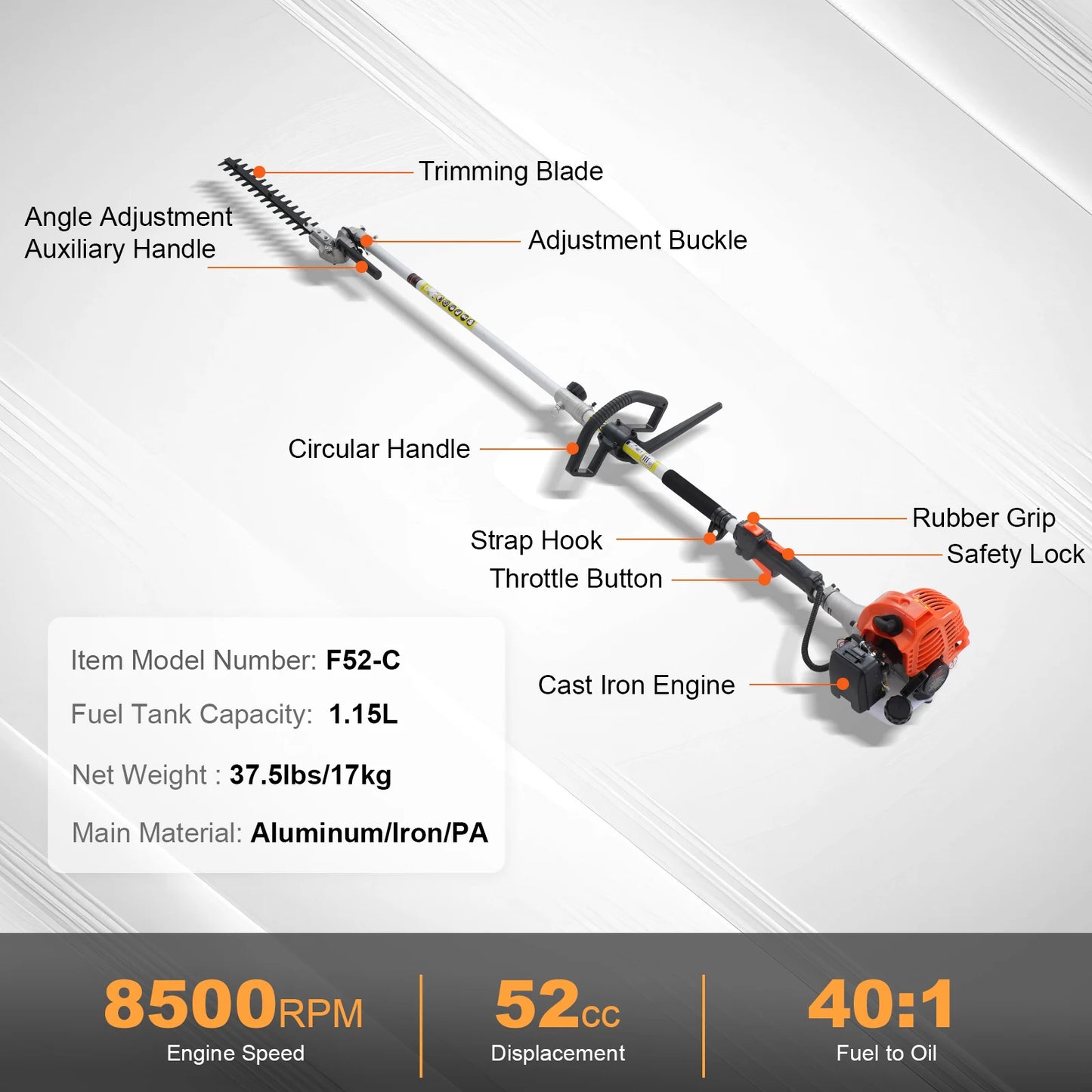 SucceBuy 52CC 6-in-1 MultiFunctional Trimming Tools Gas Hedge Trimmer Weed Eater String Trimmer Brush Cutter Edger Pole Chainsaw