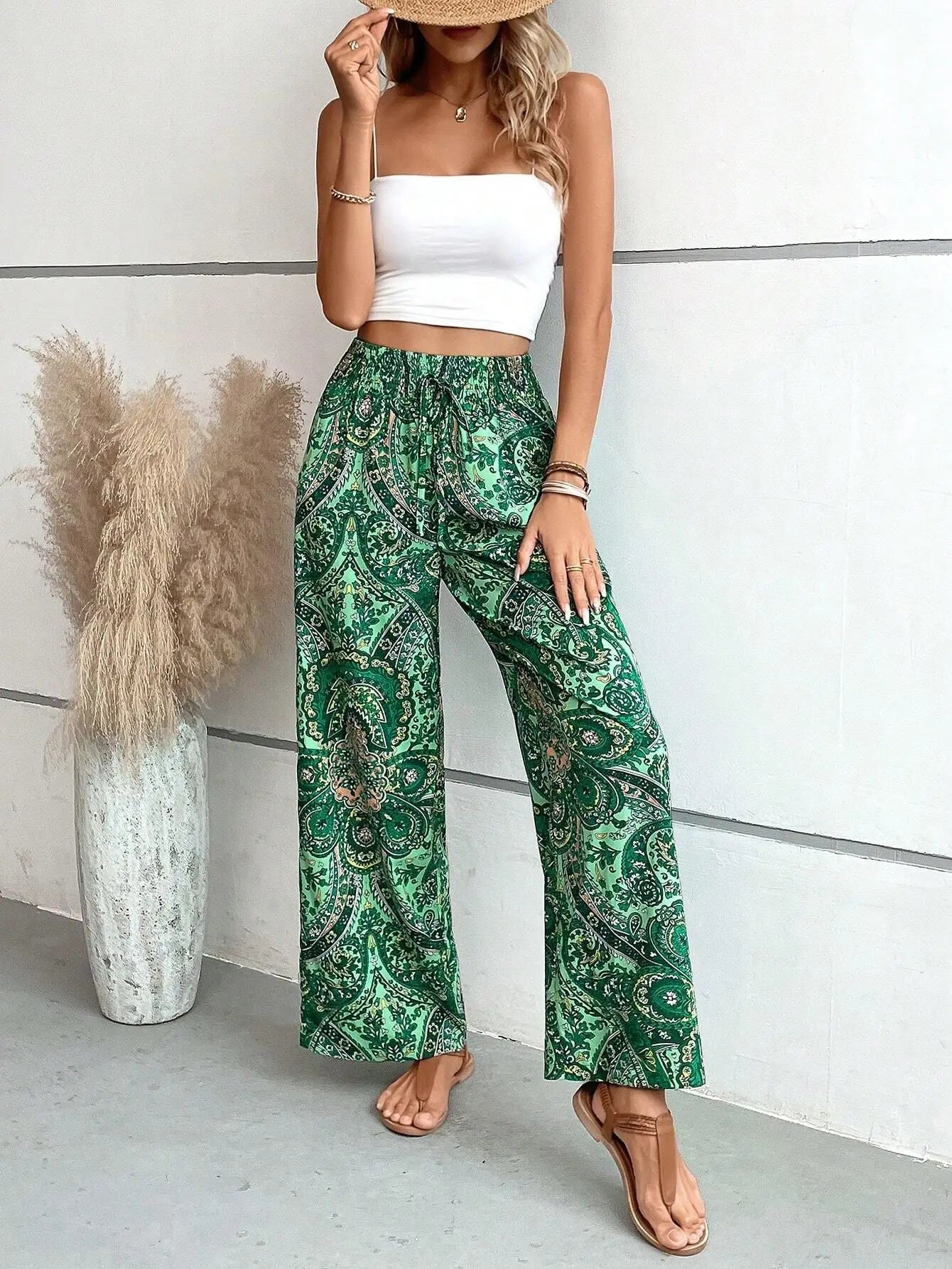 Women Bohemian Style Travel Pants Fashion Stretchy Loose Waist Straight Bloomers Casual Lounge Joggers Daily Casual Wear Pants