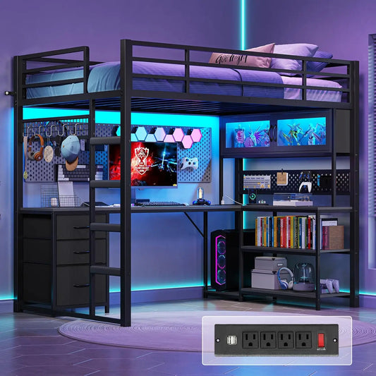 Twin Loft Bed L-Shaped Gaming Desk Storage Hutch Power Outlet Metal Frame RGB Lights Space Saving Teens Black, Customized