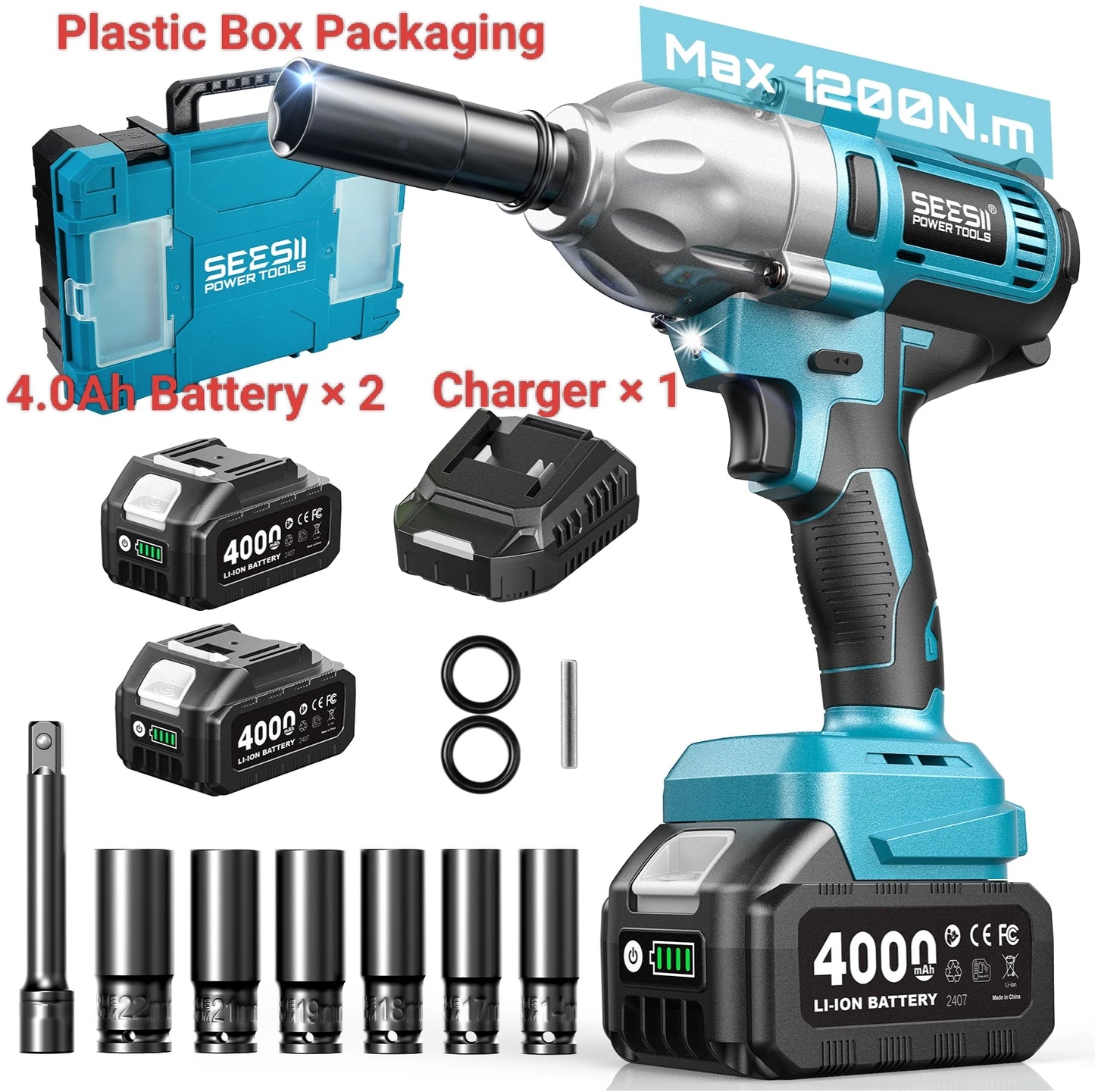 Seesii Impact Wrench 1200N.m 1/2 High Torque Electric Impact Driver Gun Cordless with 21V 2x4.0Ah Battery 6 Sockets Removal Tool