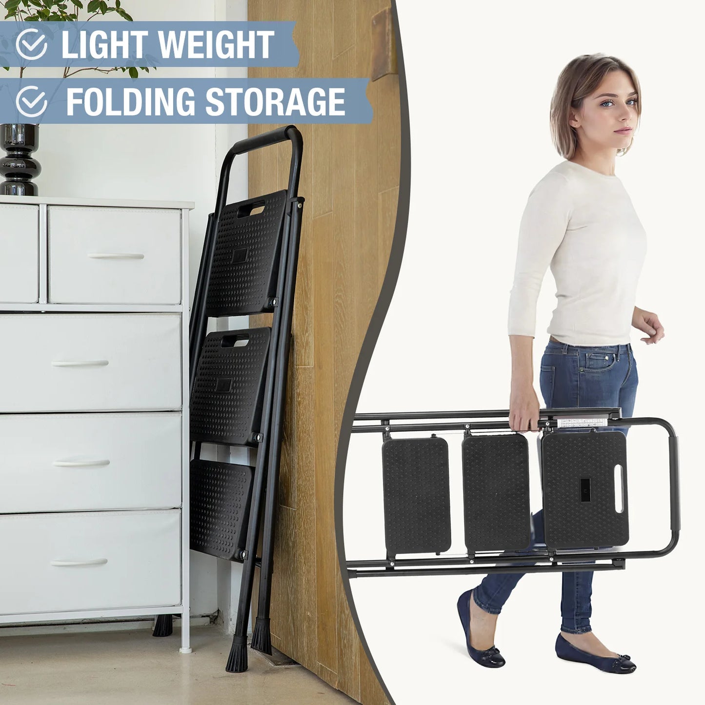 JHK Folding 2/3 Step Ladder Stool with Anti-Slip Pedal 800lbs Capacity Sturdy Steel Portable Cushioned Handle for Kitchen Home