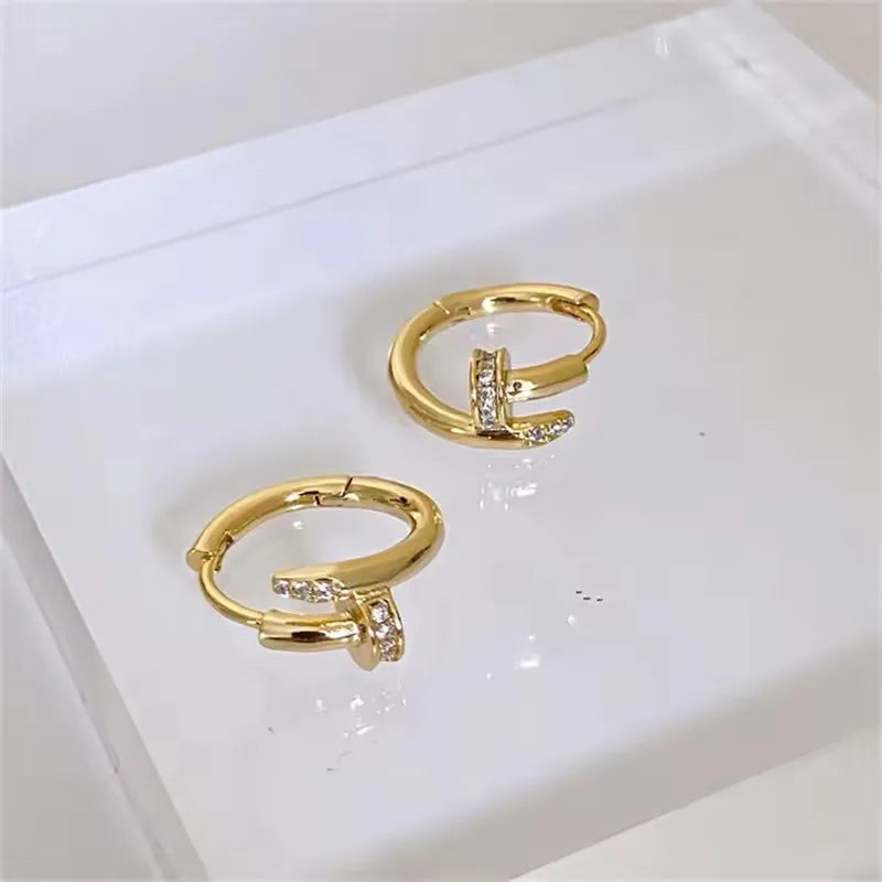 Charming Shiny Crystal Round Hoop Earring For Women Minimalist Nail Shaped Earrings Gold/Silver Trendy Jewelry