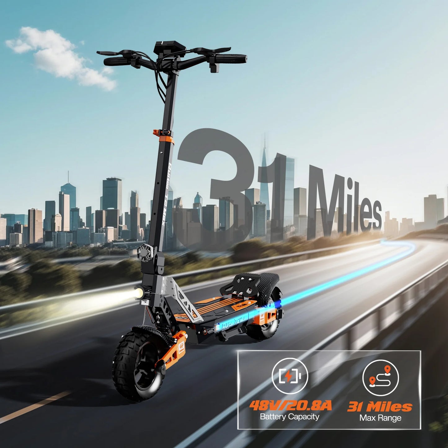 Electric Scooter for Adults, 1000W Motor, 48V 20.8Ah Battery, 31 Miles Range, 10" Off-Road Tires, Foldable E Scooter with LED Display and Disc Brake