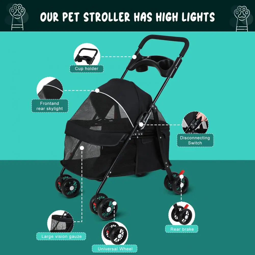 Pet Dog Cat Stroller, Outdoor Travel Pet Folding Stroller with Cup Holder, Breathable Visible Mesh Stroller for Medium Small Dog