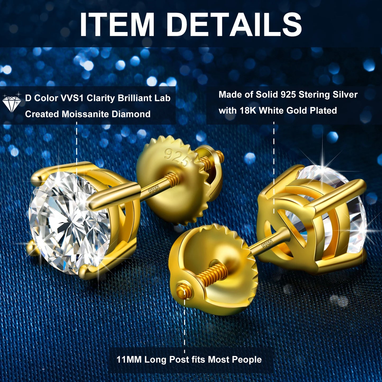 ICEOUTBOX 925 sterling silver Moissanite Stud Earrings D VVS1 Round Cut Lab Diamond Screw Ear Studs For Women Wedding Jewelry