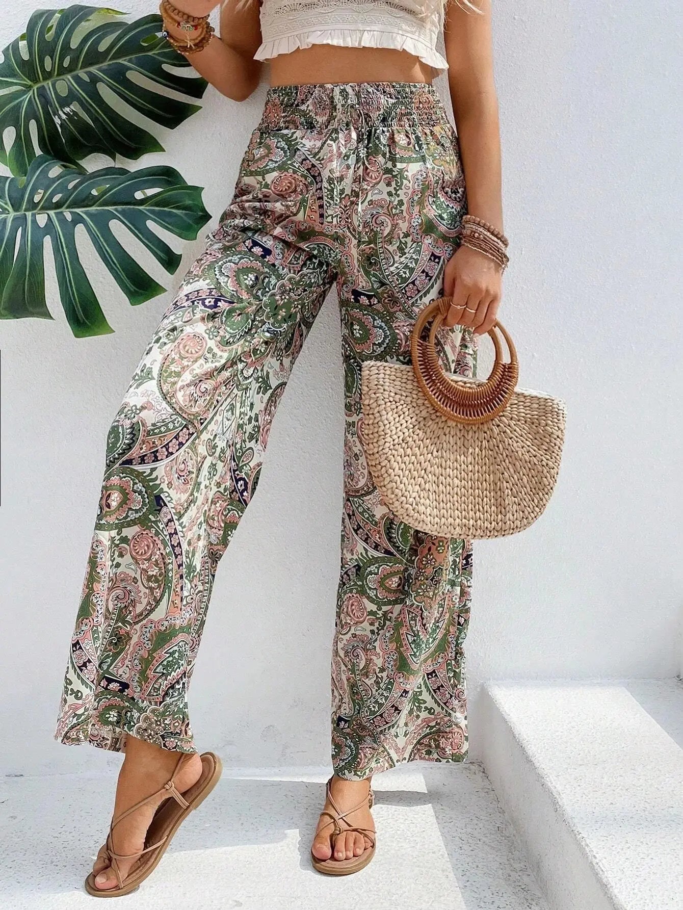 Women Bohemian Style Travel Pants Fashion Stretchy Loose Waist Straight Bloomers Casual Lounge Joggers Daily Casual Wear Pants