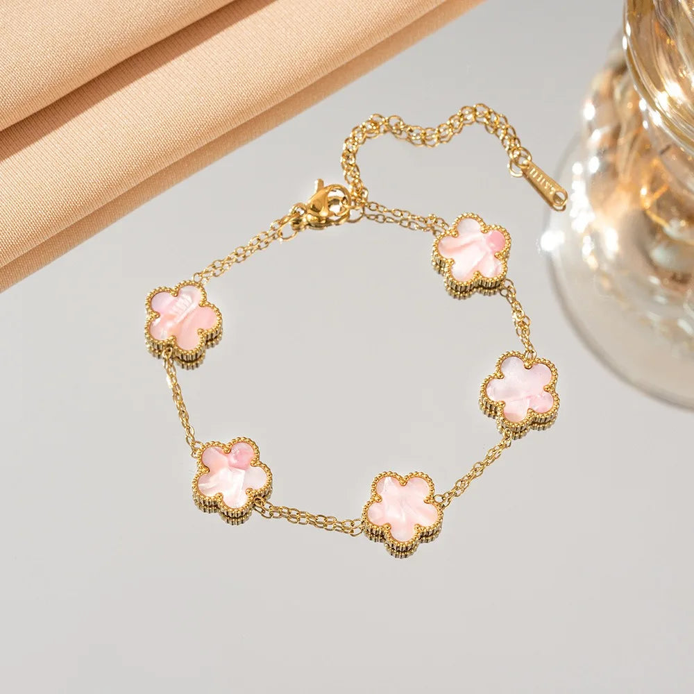 Lucky Five-Leaf Flower 18k Gold Plated Stainless Steel Bracelet Women's Exquisite Five-Pointed Star Luxury Party Jewelry Gift