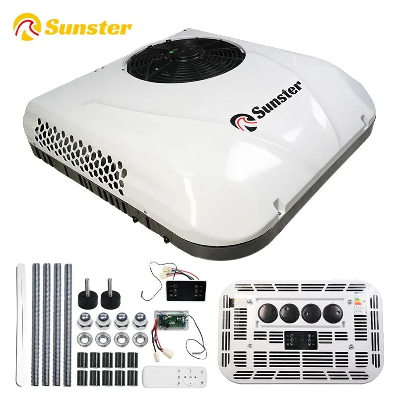 Sunster 12V 24V Rooftop Parking Air Conditioner High Efficiency Low Noise Cooling AC System For Trucks Excavators Campervans Rvs