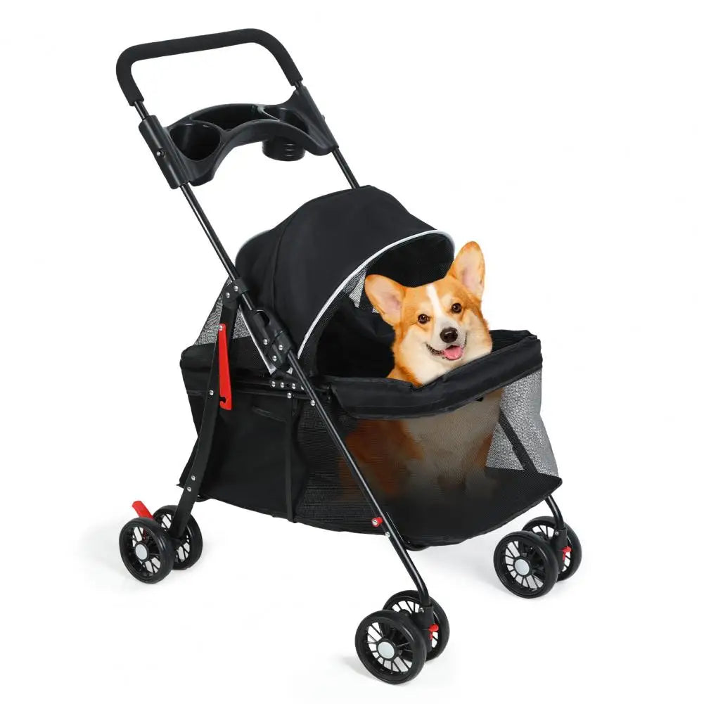 Pet Dog Cat Stroller, Outdoor Travel Pet Folding Stroller with Cup Holder, Breathable Visible Mesh Stroller for Medium Small Dog