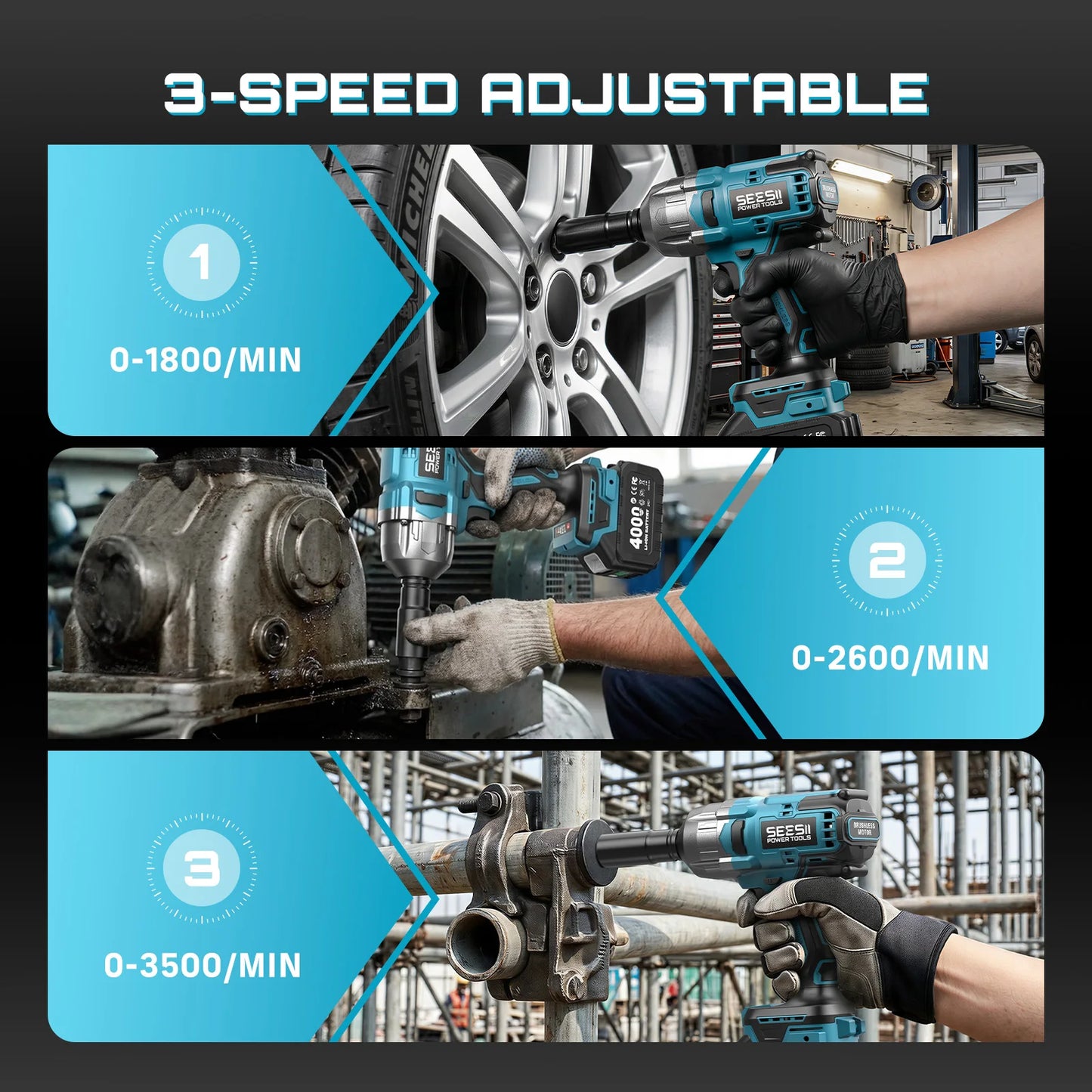 SEESII 1300N.m 3-in-1  Impact Wrench & Cordless Drill & Screwdriver 1/2 Inch Brushless Motor Electric Impact Gun Kit Repair Tools With 4000mah Battery LED Light For Car Truck Home DIY