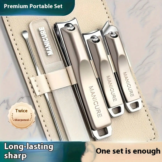 Precision Nail Clippers 5-Piece Set, Double-Edged Sharp And Durable, Complete Set With Ear Pick, Carefully Selected Steel Precision Grinding, Stainless Steel Nail Clipper Set Anti-Splash Rotating Package Five-Piece Pliers Ful