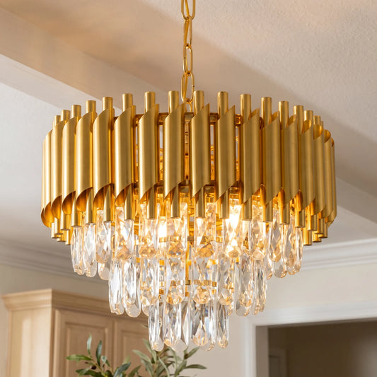 Modern Gold Crystal Chandelier, Luxury 3-Tier K9 Crystal Chandelier for Dining Room/Living Room/Kitchen Island/Bedroom