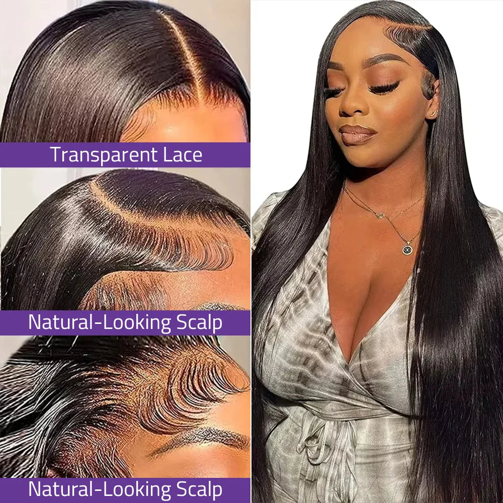 40 Inch Black Bone Straight Human Hair Wigs 13X6 Transparent HD Lace Frontal Wig Pre-Plucked 220% Density 5X5 Glueless Lace Wigs