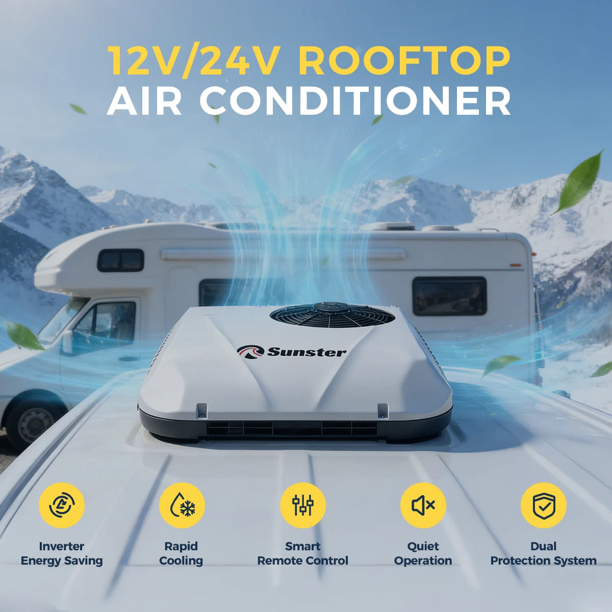 Sunster 12V 24V Rooftop Parking Air Conditioner High Efficiency Low Noise Cooling AC System For Trucks Excavators Campervans Rvs