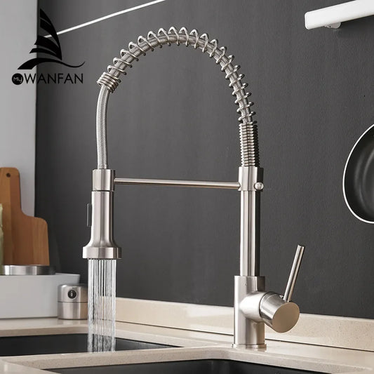 Fashion Kitchen Faucets Stainless Steel Faucets for Kitchen Sink Pull Down Spring Spout Mixers Tap Hot Cold Water Crane 9009