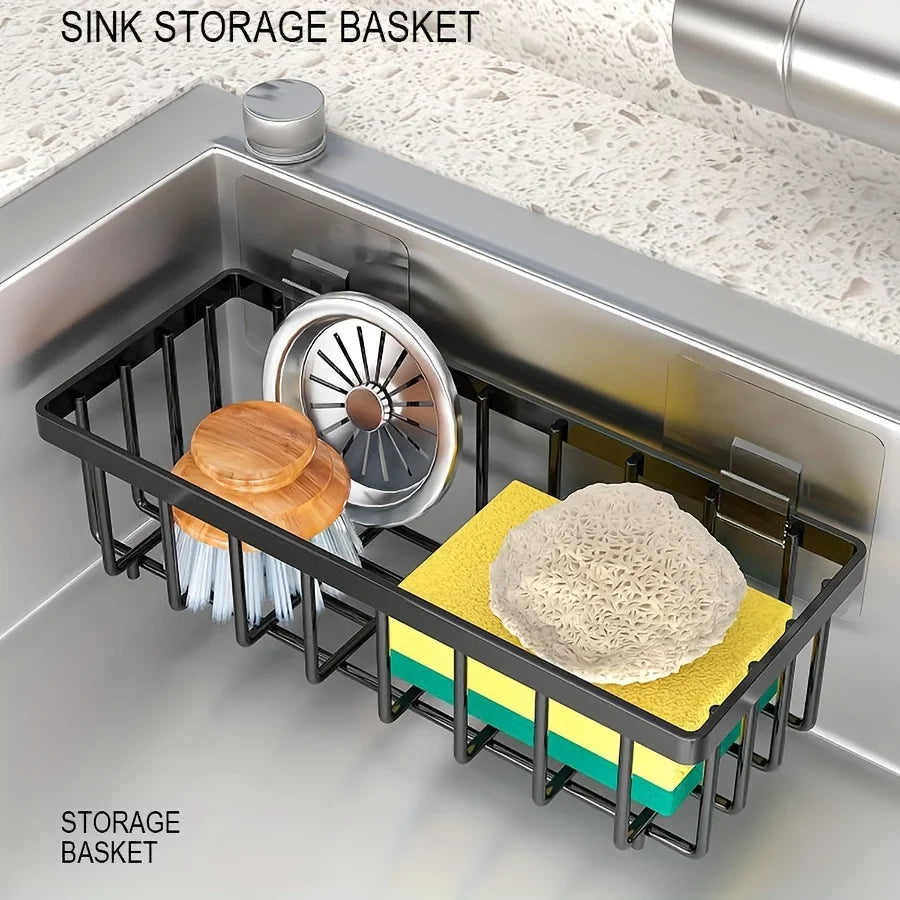Multi Functional Kitchen Sink Storage Rack with Towel Rack - Heavy-duty Metal Sponge Rack, Dishwashing Liquid Storage Box, and Self Draining Tray - No Drilling Installation, Space Saving Sink Underneath, Suitable for Restaura