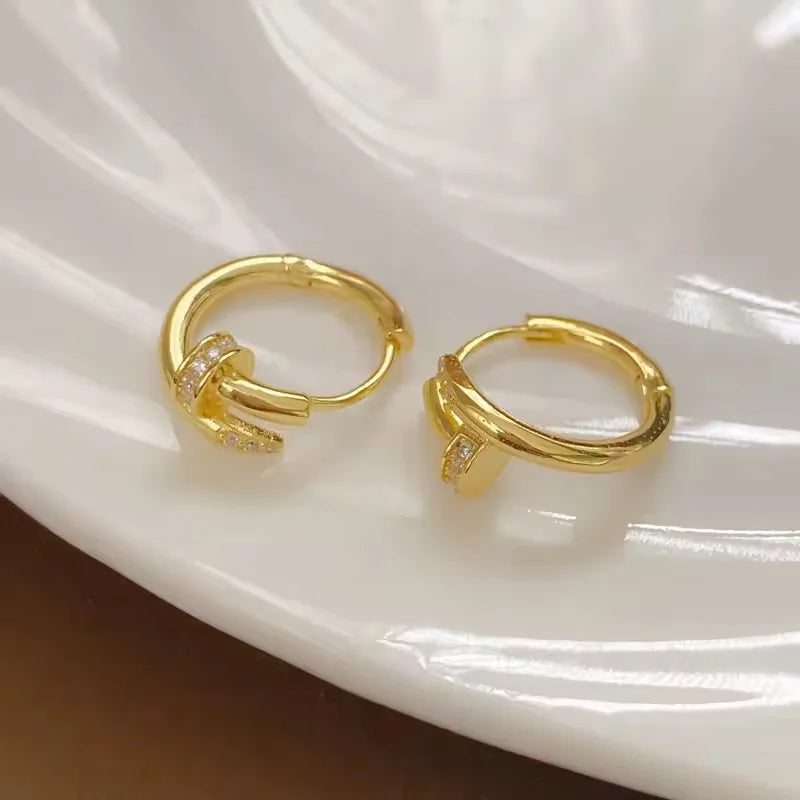 Charming Shiny Crystal Round Hoop Earring For Women Minimalist Nail Shaped Earrings Gold/Silver Trendy Jewelry