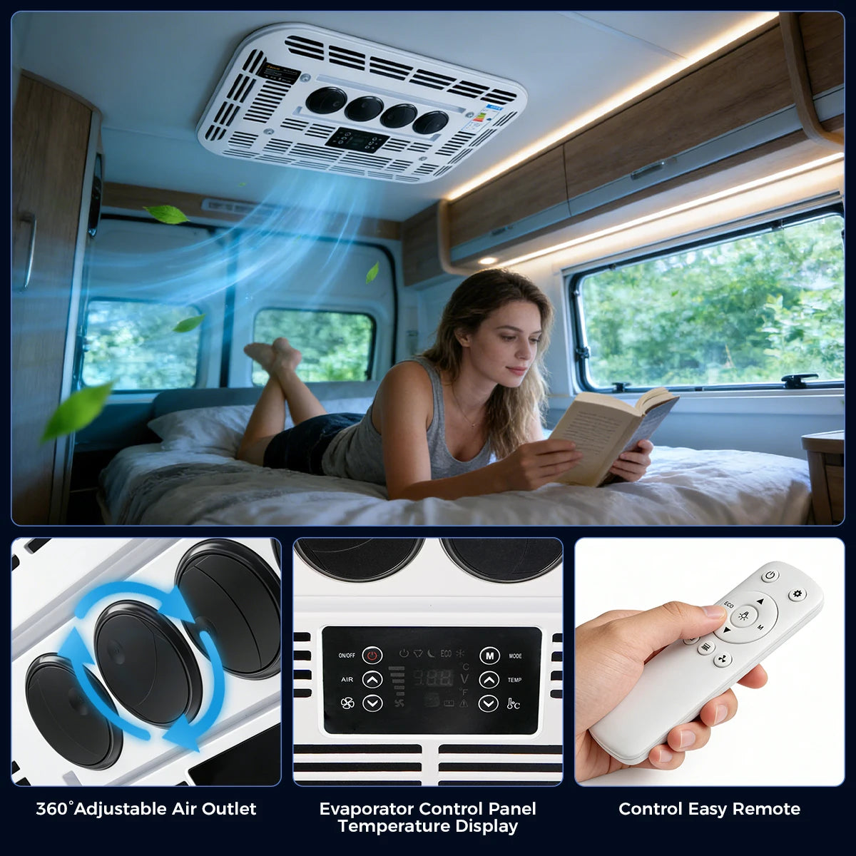 Sunster 12V 24V Rooftop Parking Air Conditioner High Efficiency Low Noise Cooling AC System For Trucks Excavators Campervans Rvs