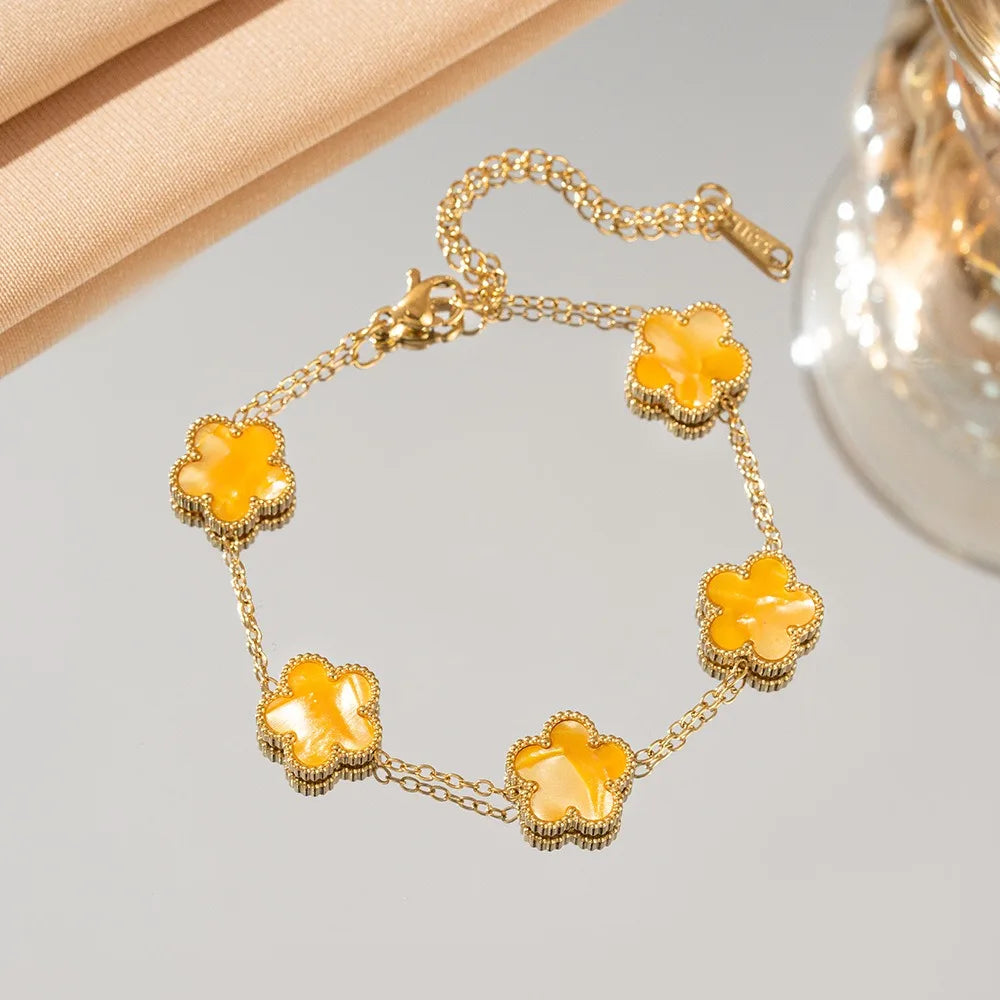 Lucky Five-Leaf Flower 18k Gold Plated Stainless Steel Bracelet Women's Exquisite Five-Pointed Star Luxury Party Jewelry Gift