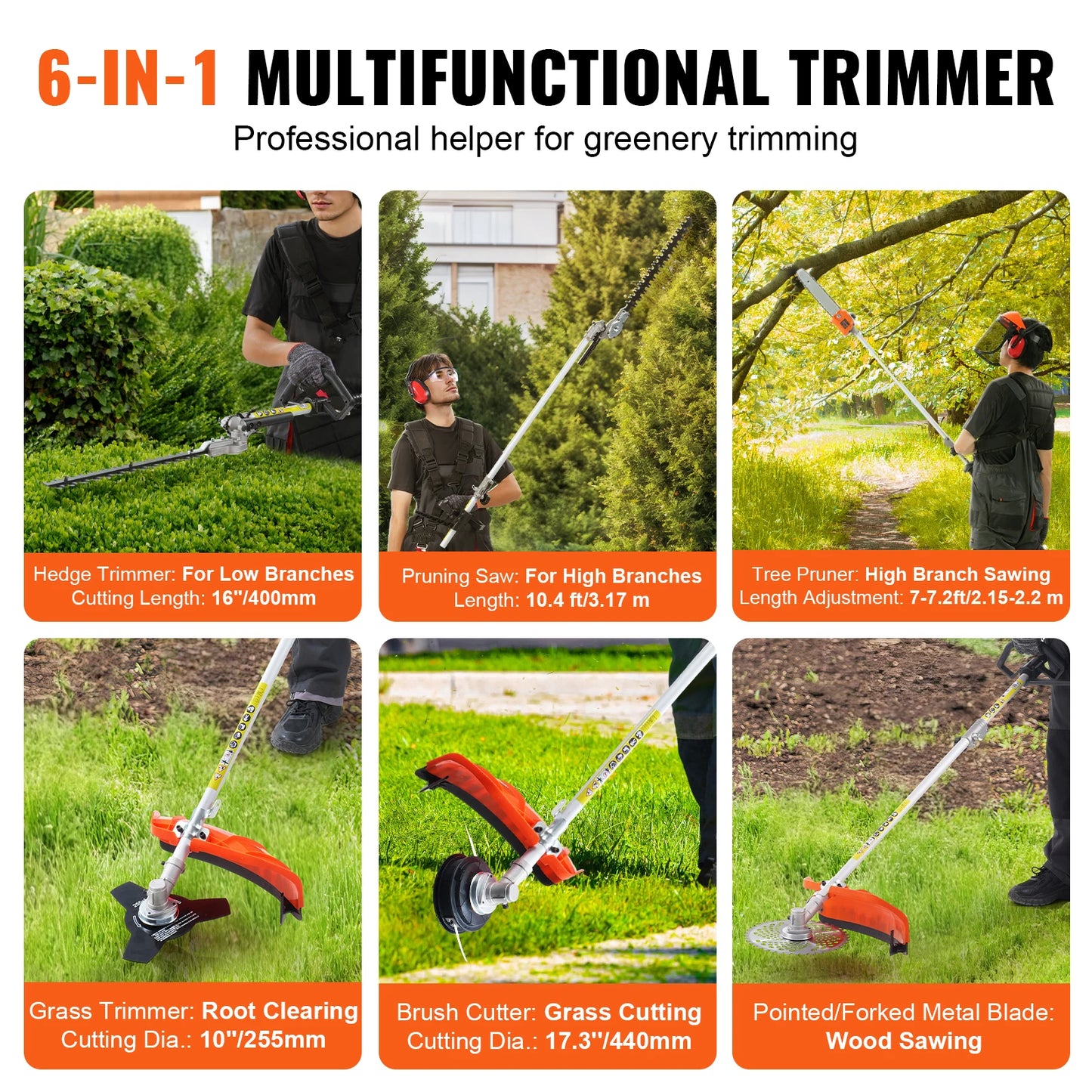 SucceBuy 52CC 6-in-1 MultiFunctional Trimming Tools Gas Hedge Trimmer Weed Eater String Trimmer Brush Cutter Edger Pole Chainsaw