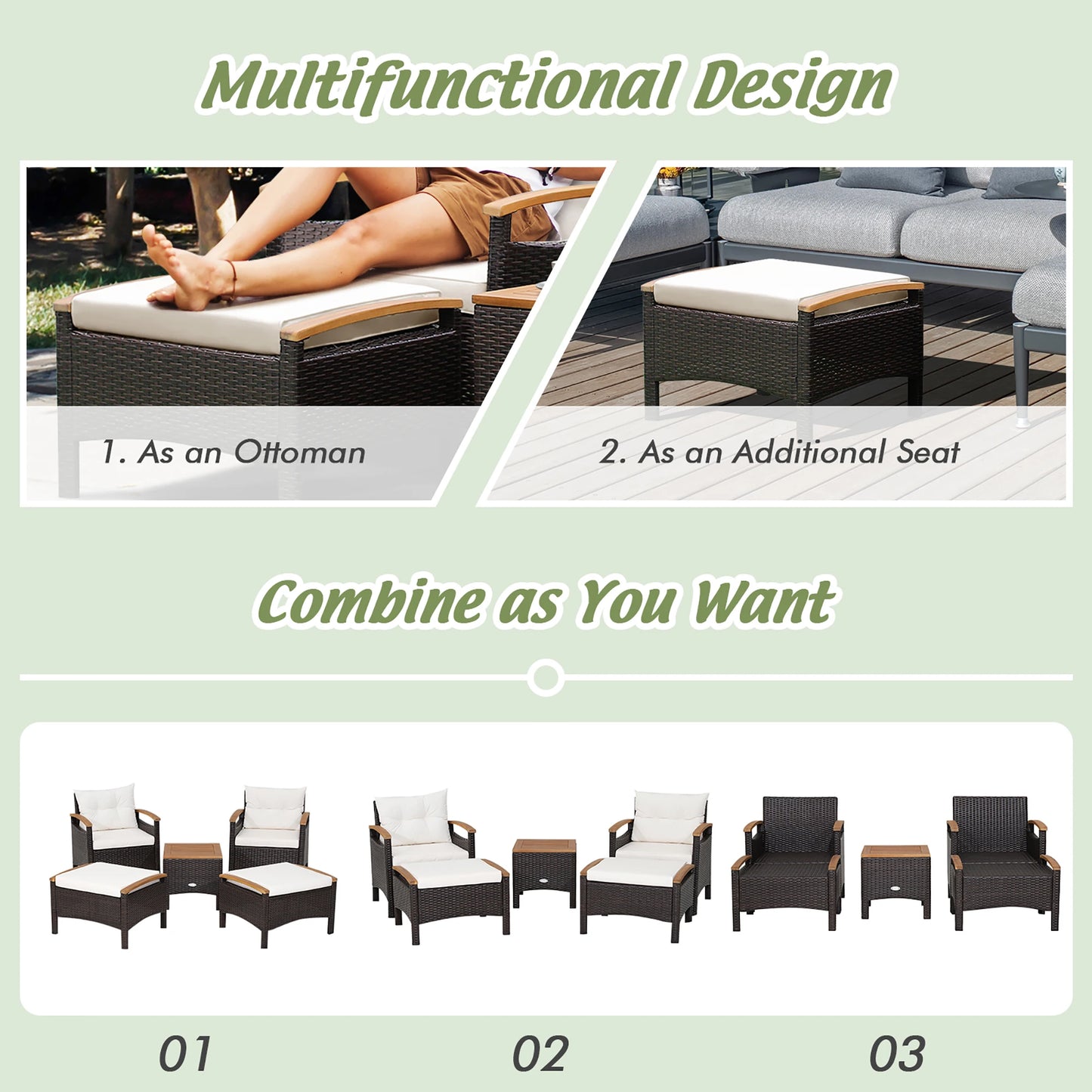 5PCS Patio Rattan Furniture Set Sofa Ottoman Cushioned Table W/Wood Top