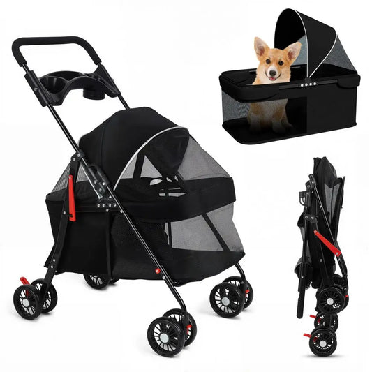 Pet Dog Cat Stroller, Outdoor Travel Pet Folding Stroller with Cup Holder, Breathable Visible Mesh Stroller for Medium Small Dog