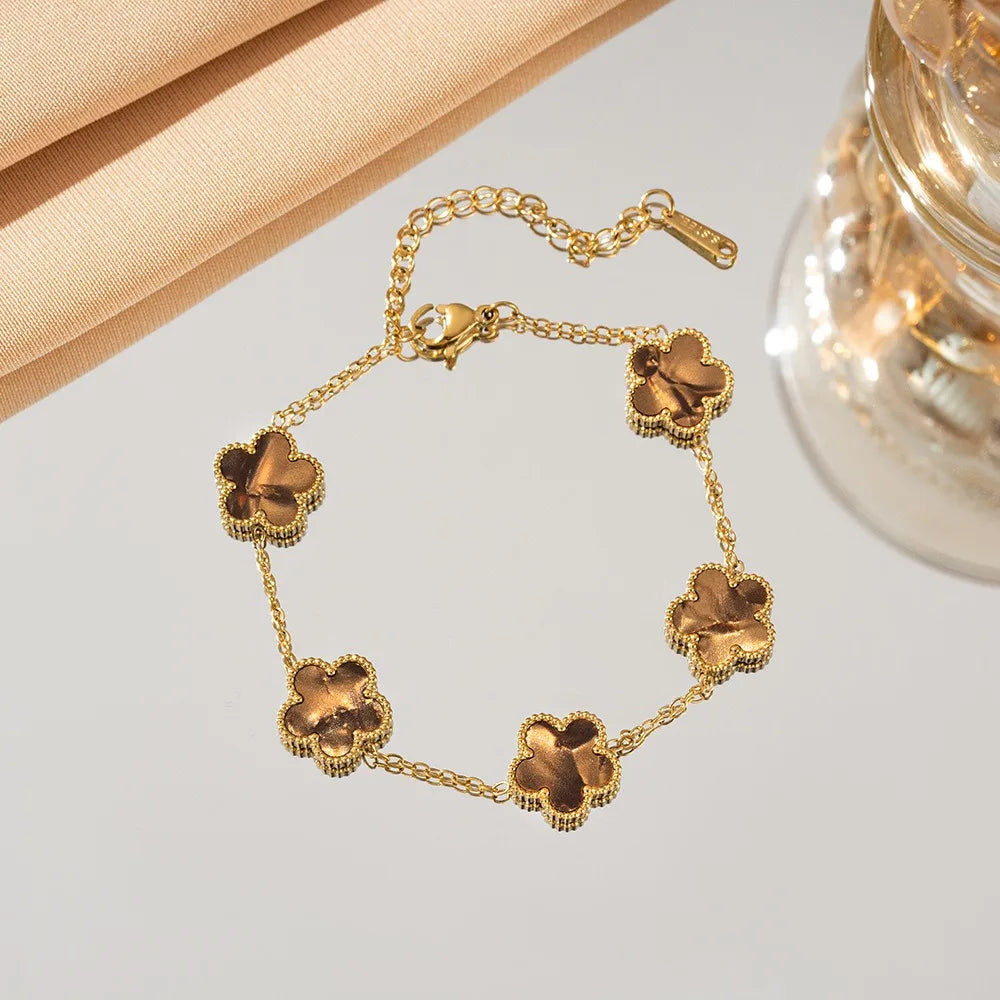 Lucky Five-Leaf Flower 18k Gold Plated Stainless Steel Bracelet Women's Exquisite Five-Pointed Star Luxury Party Jewelry Gift