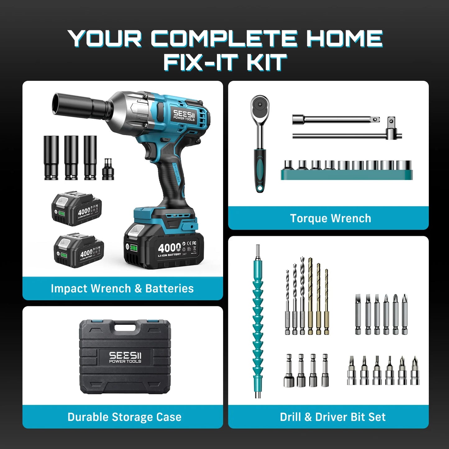 SEESII 1300N.m 3-in-1  Impact Wrench & Cordless Drill & Screwdriver 1/2 Inch Brushless Motor Electric Impact Gun Kit Repair Tools With 4000mah Battery LED Light For Car Truck Home DIY