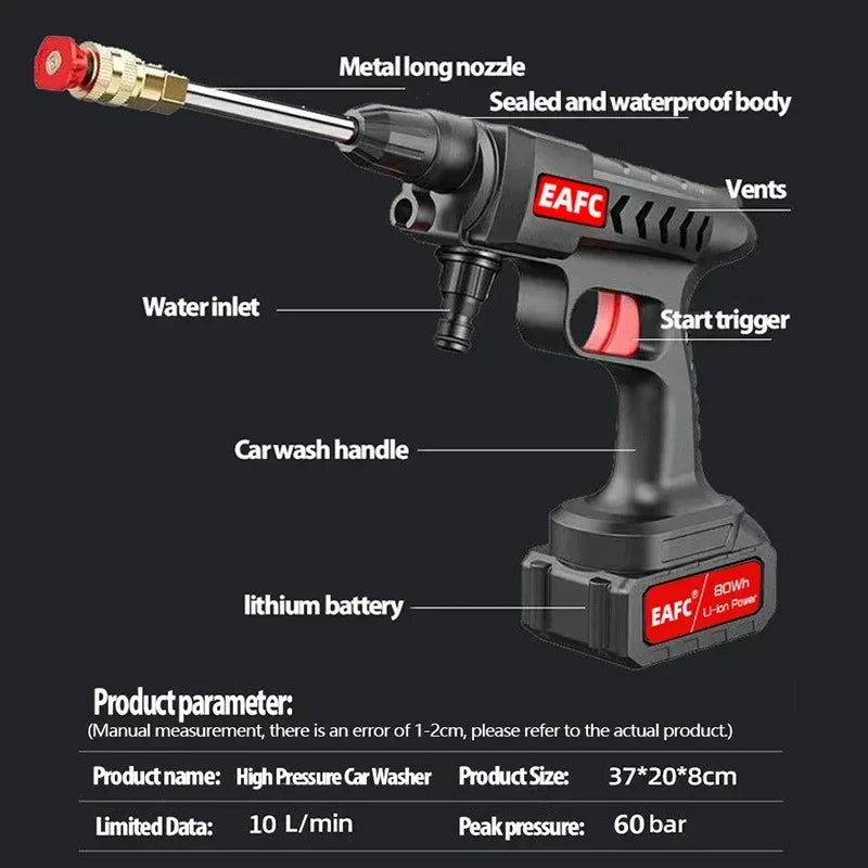 EAFC Cordless High Pressure Car Wash Washer Gun 60Bar Foam Generator Water Gun Spray Adjustable Nozzle for Auto Home Garden