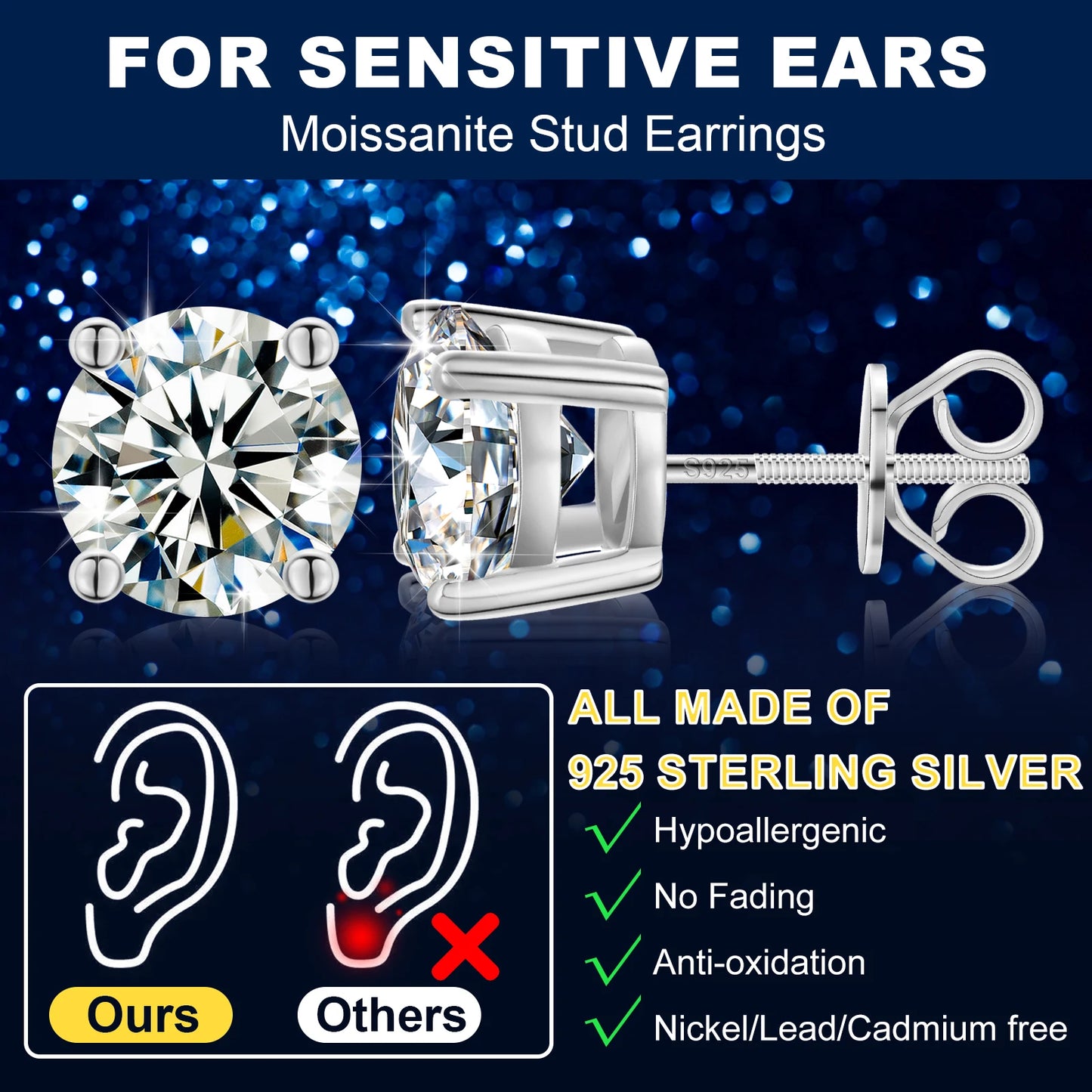 ICEOUTBOX 925 sterling silver Moissanite Stud Earrings D VVS1 Round Cut Lab Diamond Screw Ear Studs For Women Wedding Jewelry