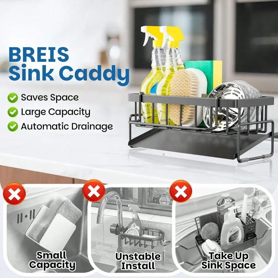 Multi Functional Kitchen Sink Storage Rack with Towel Rack - Heavy-duty Metal Sponge Rack, Dishwashing Liquid Storage Box, and Self Draining Tray - No Drilling Installation, Space Saving Sink Underneath, Suitable for Restaura