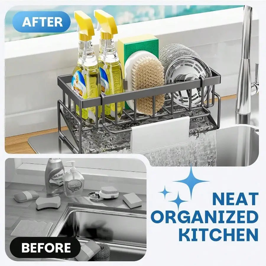 Multi Functional Kitchen Sink Storage Rack with Towel Rack - Heavy-duty Metal Sponge Rack, Dishwashing Liquid Storage Box, and Self Draining Tray - No Drilling Installation, Space Saving Sink Underneath, Suitable for Restaura