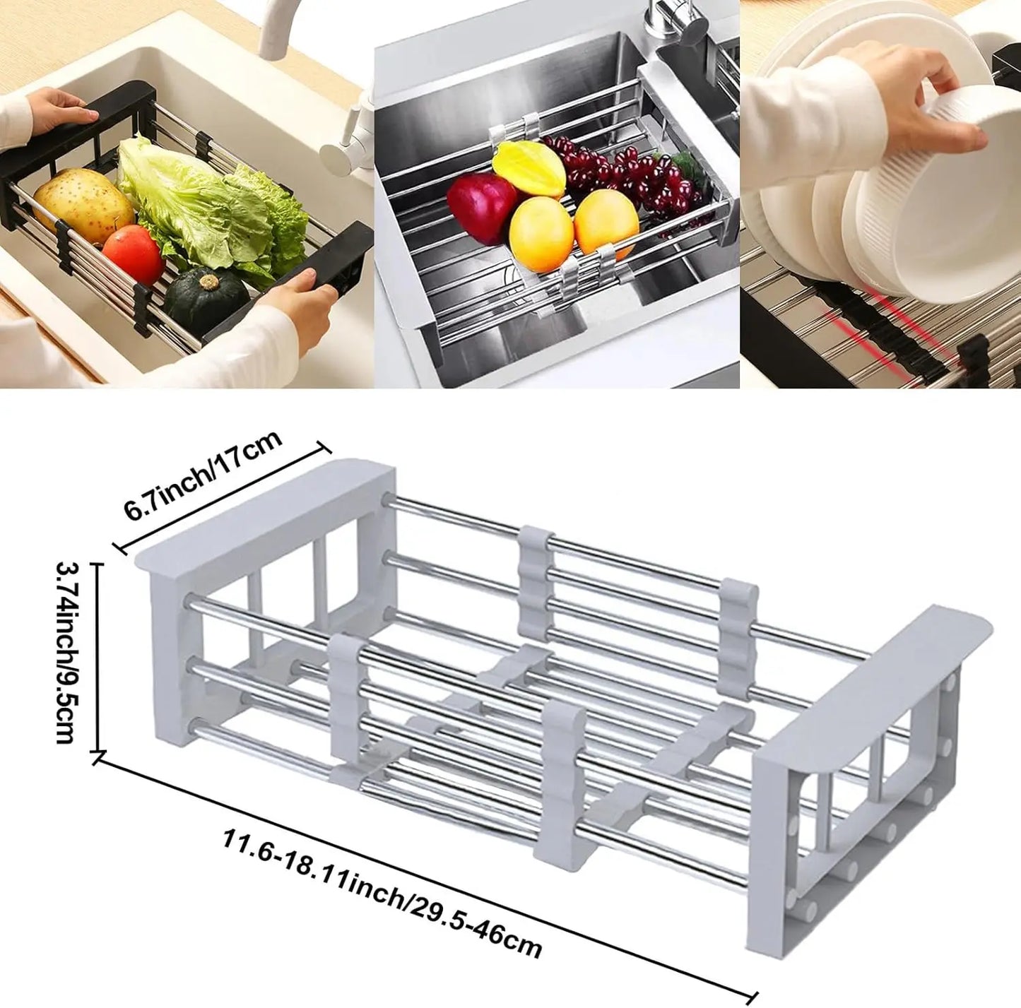 Adjustable Stainless Steel Kitchen Sink Drain Basket Telescopic Dish Drying Rack Fruit Vegetable Drainer Tray Storage Organizer