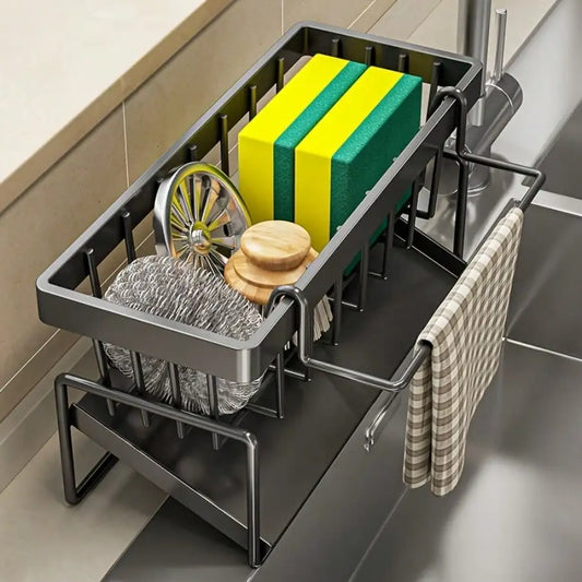 Multi Functional Kitchen Sink Storage Rack with Towel Rack - Heavy-duty Metal Sponge Rack, Dishwashing Liquid Storage Box, and Self Draining Tray - No Drilling Installation, Space Saving Sink Underneath, Suitable for Restaura