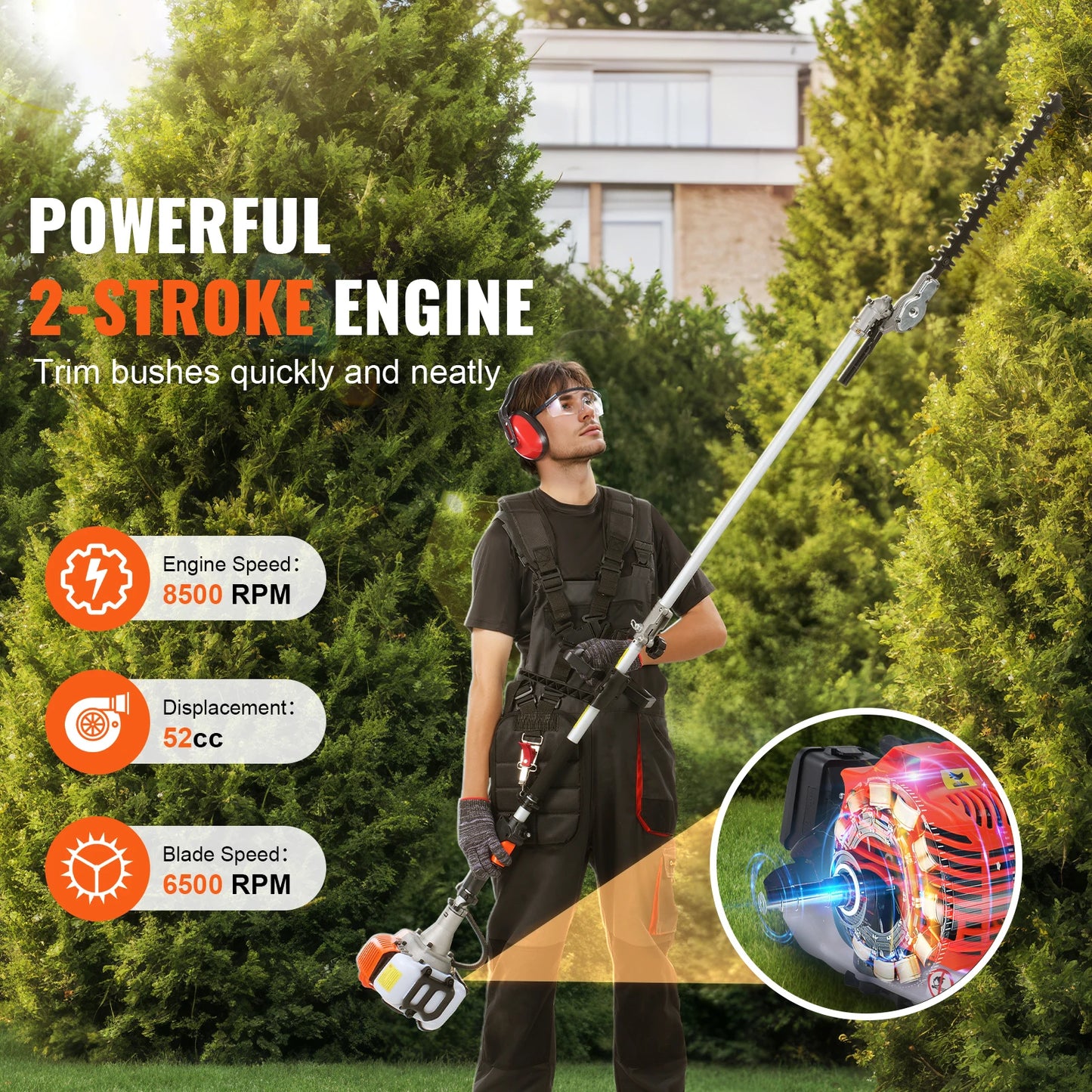 SucceBuy 52CC 6-in-1 MultiFunctional Trimming Tools Gas Hedge Trimmer Weed Eater String Trimmer Brush Cutter Edger Pole Chainsaw
