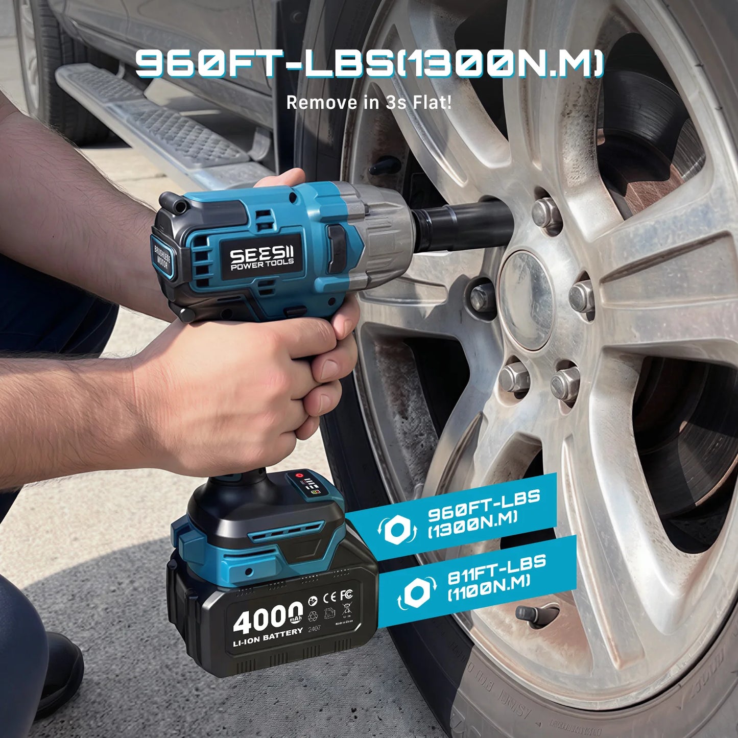 SEESII 1300N.m 3-in-1  Impact Wrench & Cordless Drill & Screwdriver 1/2 Inch Brushless Motor Electric Impact Gun Kit Repair Tools With 4000mah Battery LED Light For Car Truck Home DIY